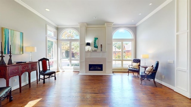 sitting room featuring hardwood / wood-style flooring and crown molding