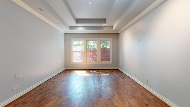 spare room featuring dark wood-type flooring and a tray ceiling