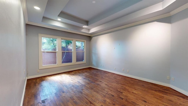 spare room featuring a tray ceiling and dark hardwood / wood-style floors