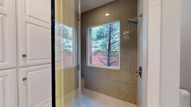 bathroom with tiled shower and toilet