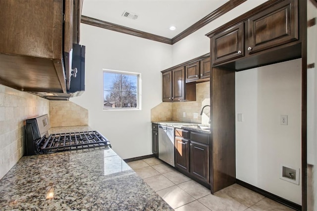 kitchen with sink, range, ornamental molding, dishwasher, and light stone countertops