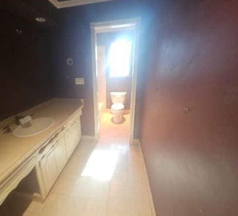 bathroom featuring vanity, tile patterned flooring, and toilet