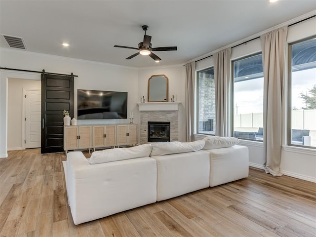 living room featuring a wealth of natural light, light hardwood / wood-style flooring, and a barn door