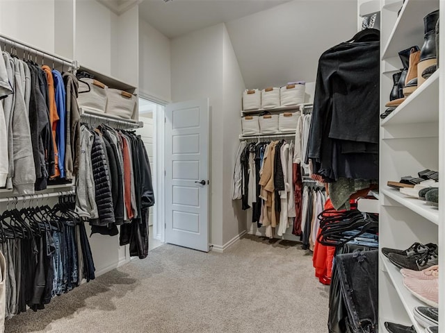 walk in closet with light colored carpet