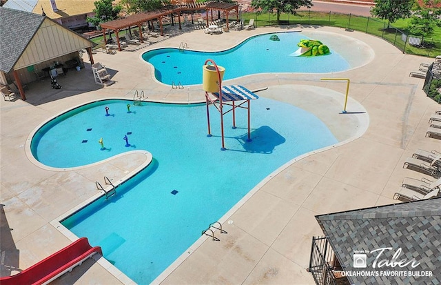 view of swimming pool with a gazebo, a patio, and a pergola