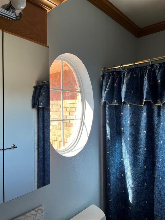 bathroom with crown molding and toilet