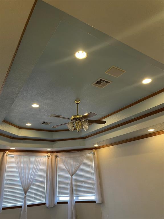 room details with a raised ceiling and crown molding