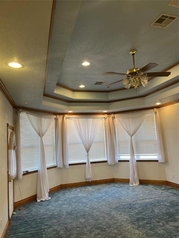 spare room featuring crown molding, a tray ceiling, a textured ceiling, and carpet flooring