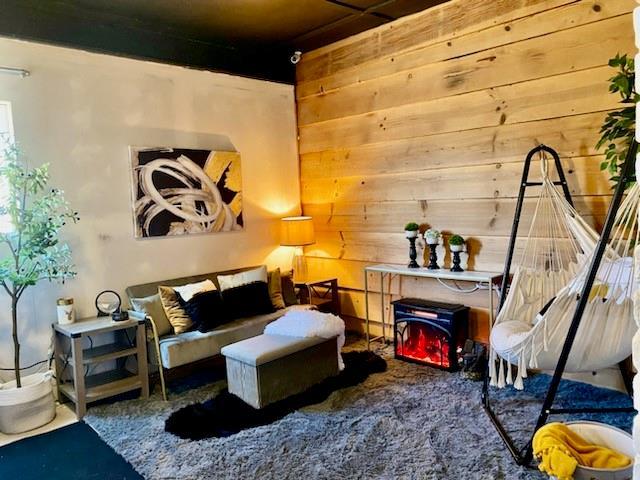 sitting room with wooden walls and carpet flooring