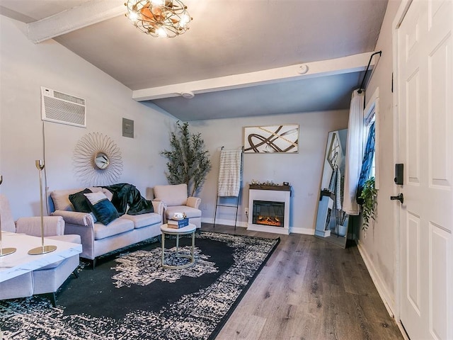 living room featuring lofted ceiling with beams, wood-type flooring, and a wall mounted AC