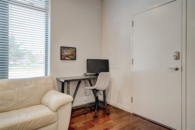 home office featuring dark hardwood / wood-style floors