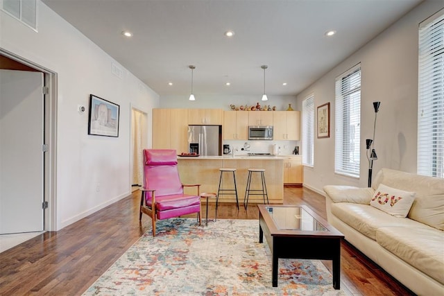 living room with light hardwood / wood-style flooring