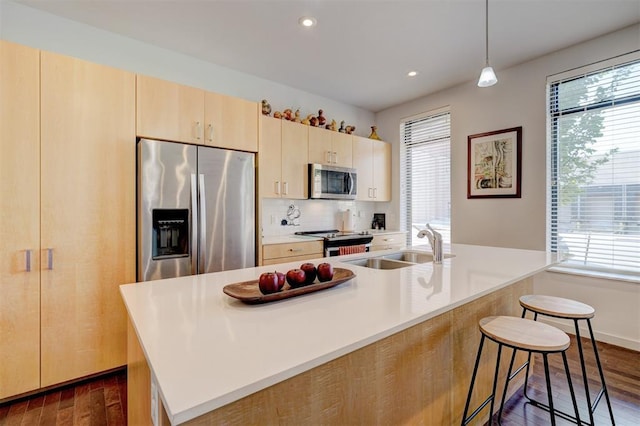 kitchen with sink, hanging light fixtures, stainless steel appliances, dark hardwood / wood-style flooring, and light brown cabinets