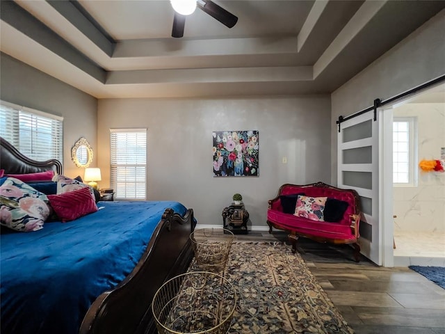 3629 W County Street 2850th St, Ninnekah, OK 73067 - bedroom with a tray ceiling, wood finished floors, multiple windows, and a barn door