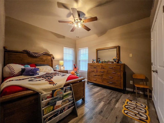 3629 W County Street 2850th St, Ninnekah, OK 73067 - bedroom with baseboards, a ceiling fan, and dark wood finished floors