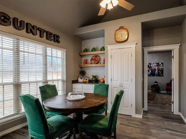 3629 W County Street 2850th St, Ninnekah, OK 73067 - dining room with a wealth of natural light, ceiling fan, wood finished floors, and lofted ceiling