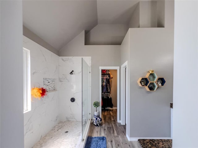 3629 W County Street 2850th St, Ninnekah, OK 73067 - full bath featuring wood finished floors, a marble finish shower, lofted ceiling, and a walk in closet
