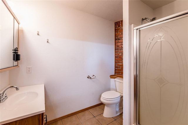 bathroom with walk in shower, vanity, toilet, and tile patterned flooring