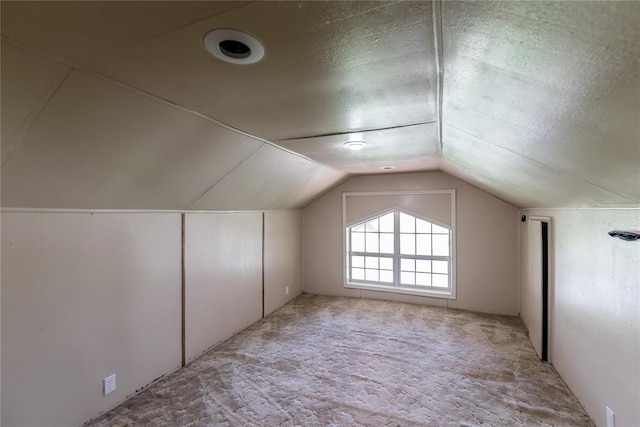 additional living space with vaulted ceiling, light colored carpet, and a textured ceiling