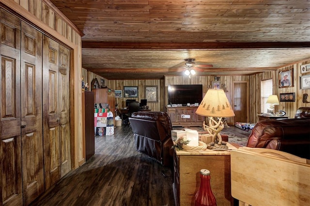 living room with dark wood-type flooring, wood ceiling, wooden walls, ceiling fan, and beam ceiling