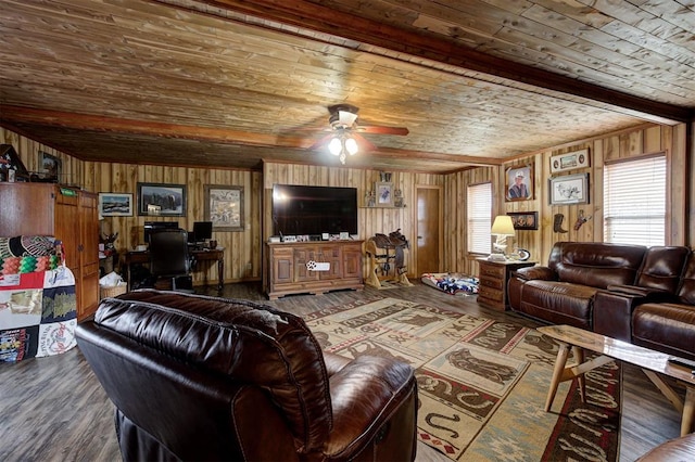 living room with hardwood / wood-style floors, wooden ceiling, ceiling fan, and wood walls