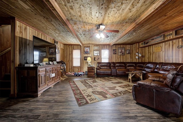 living room featuring ceiling fan, dark wood-type flooring, wood ceiling, and wood walls