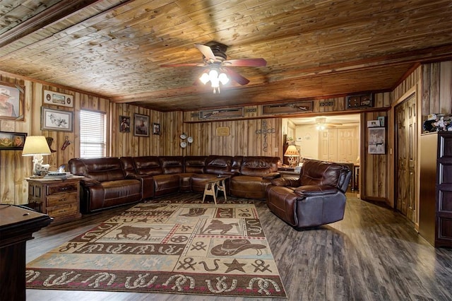 living room featuring wood ceiling, wooden walls, dark hardwood / wood-style flooring, and ceiling fan