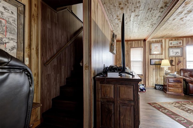 staircase with wood ceiling, plenty of natural light, wood walls, and hardwood / wood-style flooring