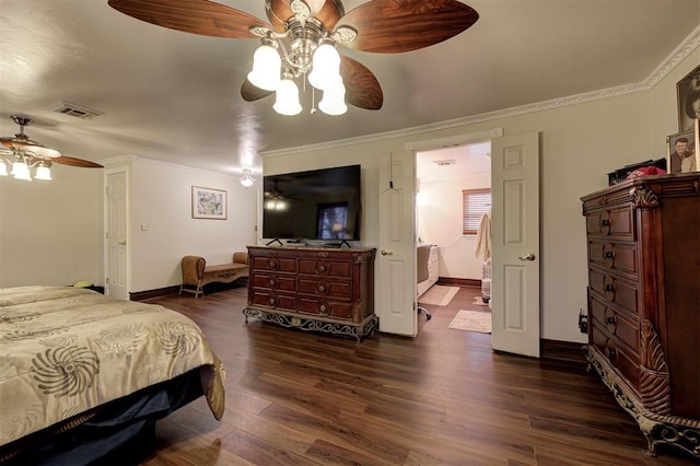 bedroom featuring crown molding, dark wood-type flooring, and ceiling fan