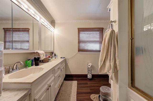 bathroom with hardwood / wood-style flooring and vanity