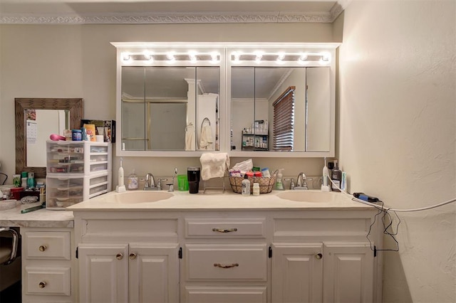 bathroom featuring walk in shower and vanity