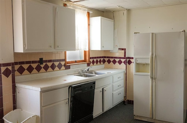 kitchen with tasteful backsplash, dishwasher, sink, white cabinets, and white fridge with ice dispenser