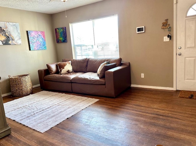 living area with a textured ceiling, baseboards, and wood finished floors