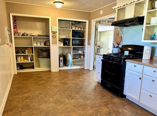 kitchen with black appliances, under cabinet range hood, white cabinets, a textured ceiling, and open shelves