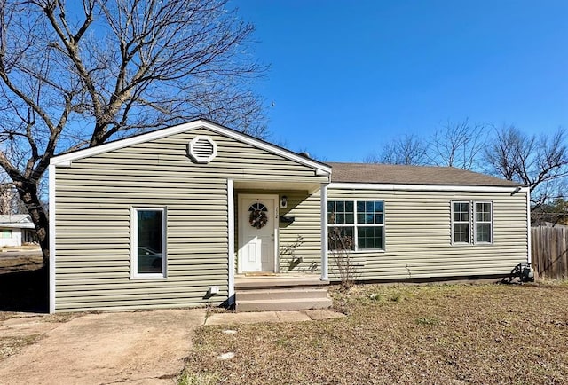 view of front of home featuring crawl space, a shingled roof, and fence