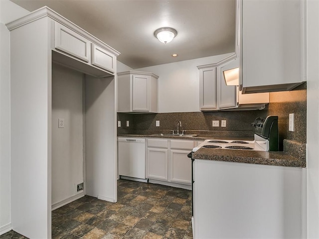 kitchen featuring range with electric stovetop, tasteful backsplash, sink, white cabinets, and white dishwasher