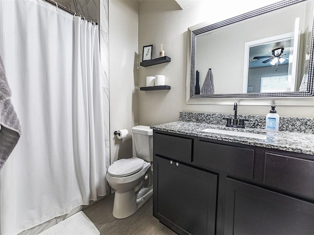 bathroom with hardwood / wood-style flooring, vanity, and toilet