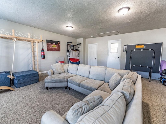 living room with a textured ceiling and carpet