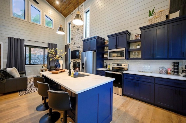 kitchen with appliances with stainless steel finishes, blue cabinets, sink, a breakfast bar area, and a center island with sink