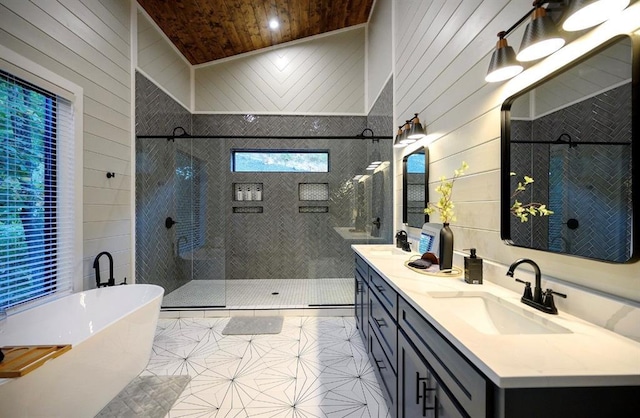 bathroom featuring plus walk in shower, wooden ceiling, vanity, and wood walls