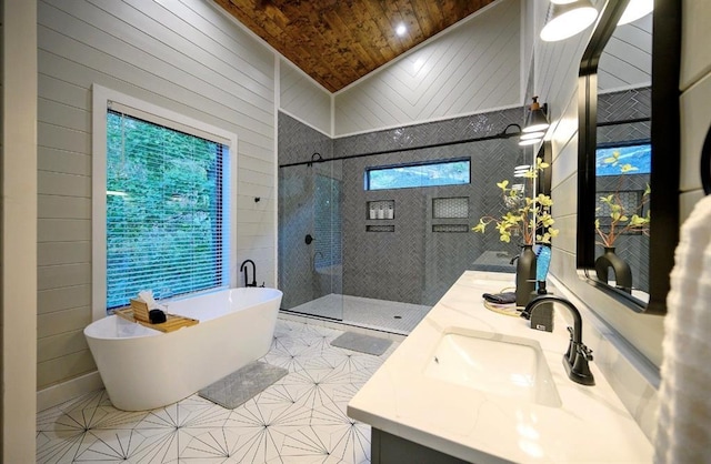 bathroom featuring tile patterned flooring, vanity, wooden ceiling, independent shower and bath, and wood walls