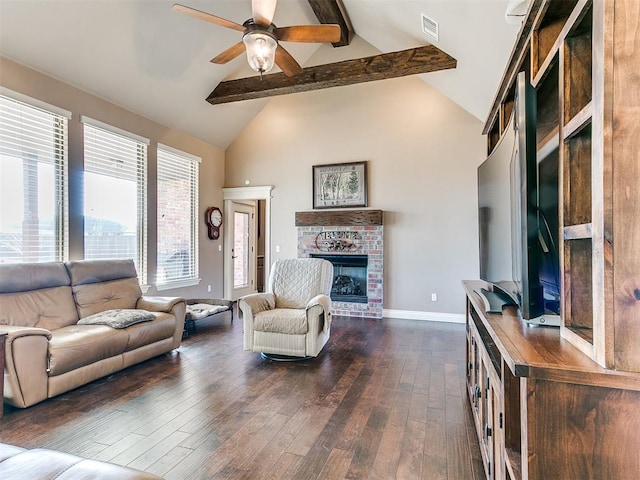 living room with ceiling fan, high vaulted ceiling, dark hardwood / wood-style floors, a fireplace, and beamed ceiling