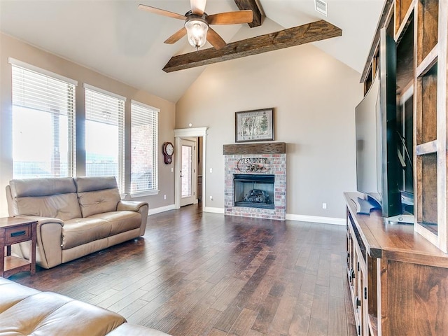 living room with ceiling fan, high vaulted ceiling, a fireplace, dark hardwood / wood-style flooring, and beamed ceiling