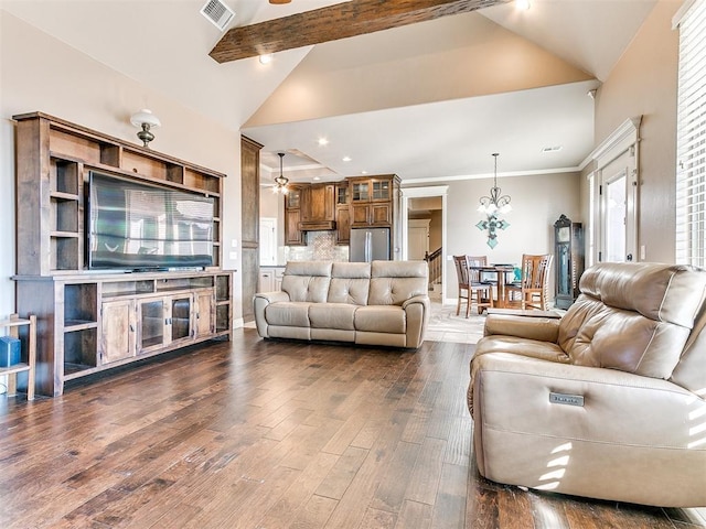 living room with high vaulted ceiling, beamed ceiling, dark hardwood / wood-style flooring, ceiling fan, and crown molding