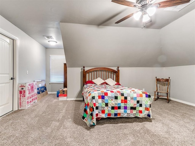 carpeted bedroom with lofted ceiling and ceiling fan