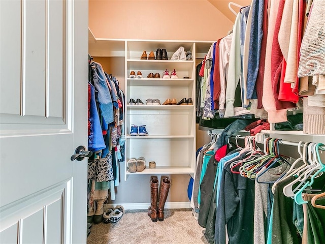 walk in closet with light colored carpet