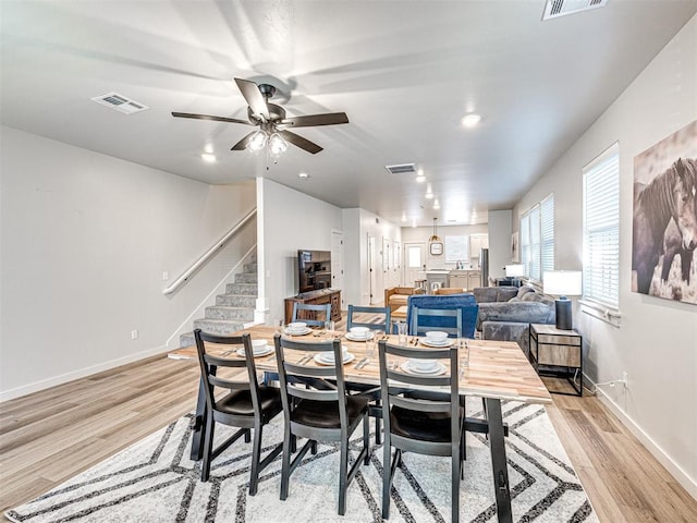 dining area featuring ceiling fan and light wood-type flooring