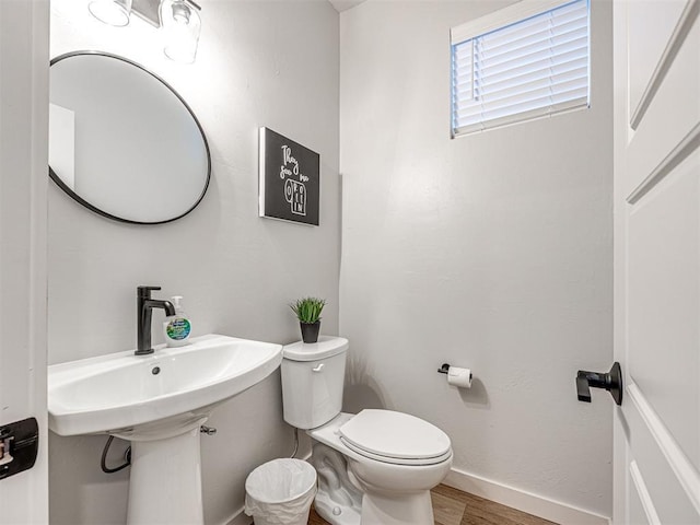 bathroom featuring wood-type flooring and toilet