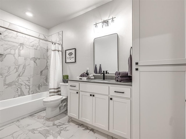 full bathroom with shower / tub combo with curtain, vanity, and toilet