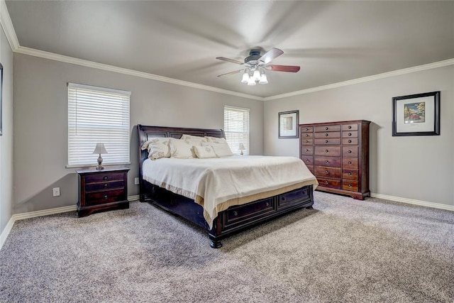 bedroom with crown molding, carpet, and ceiling fan